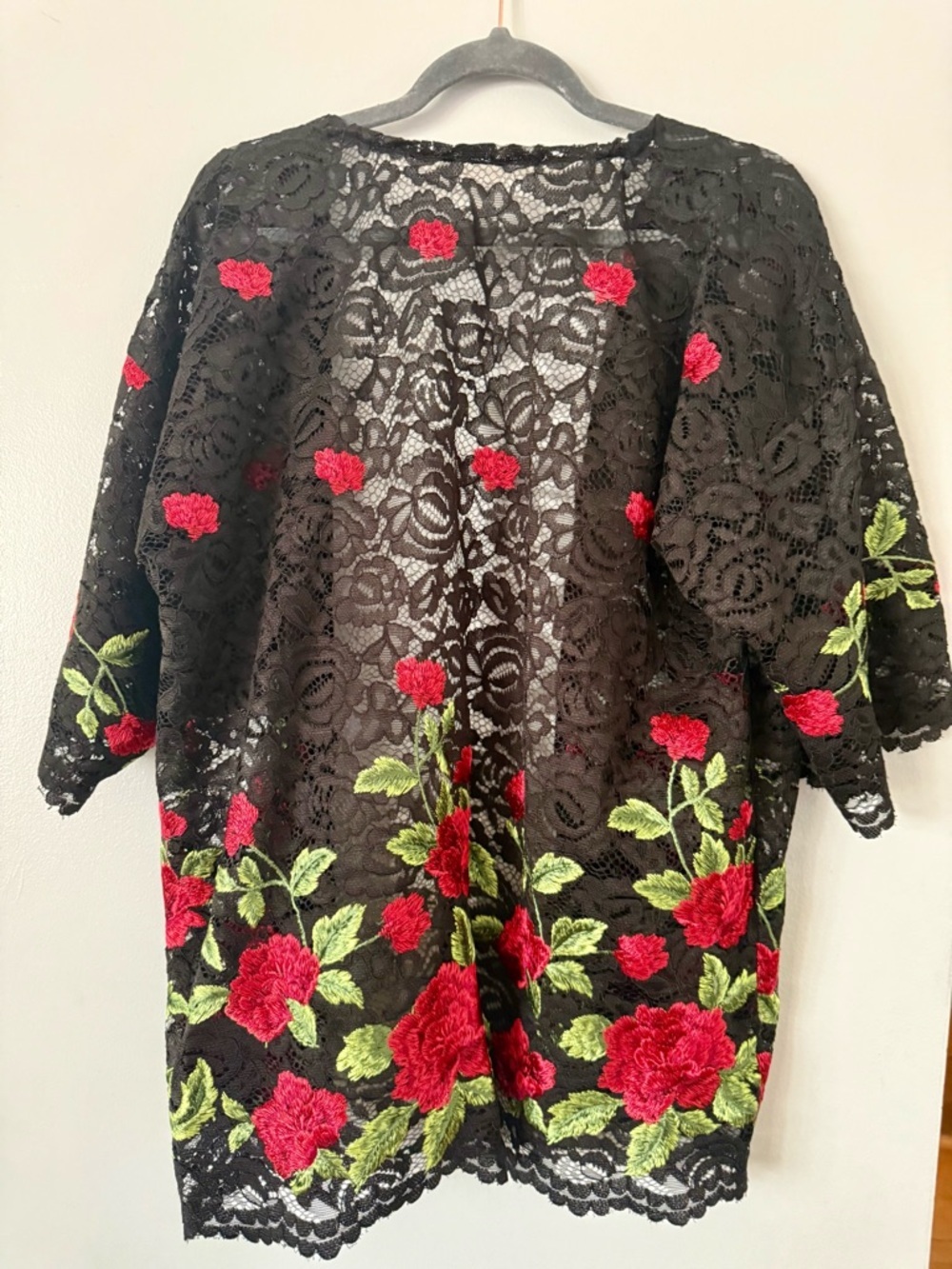 💥Black Embroidered Rose Lace Kimono Wrap Overlay Cardigan - Picture 3 of 3